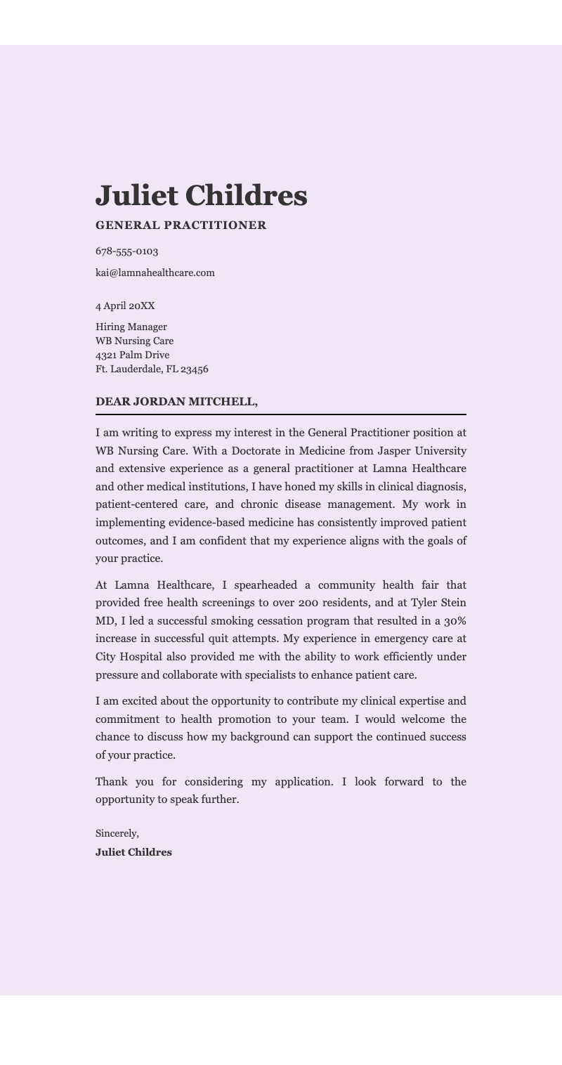 Simple healthcare cover letter - Elegant healthcare professional job application template featuring structured layout for personalized letters.